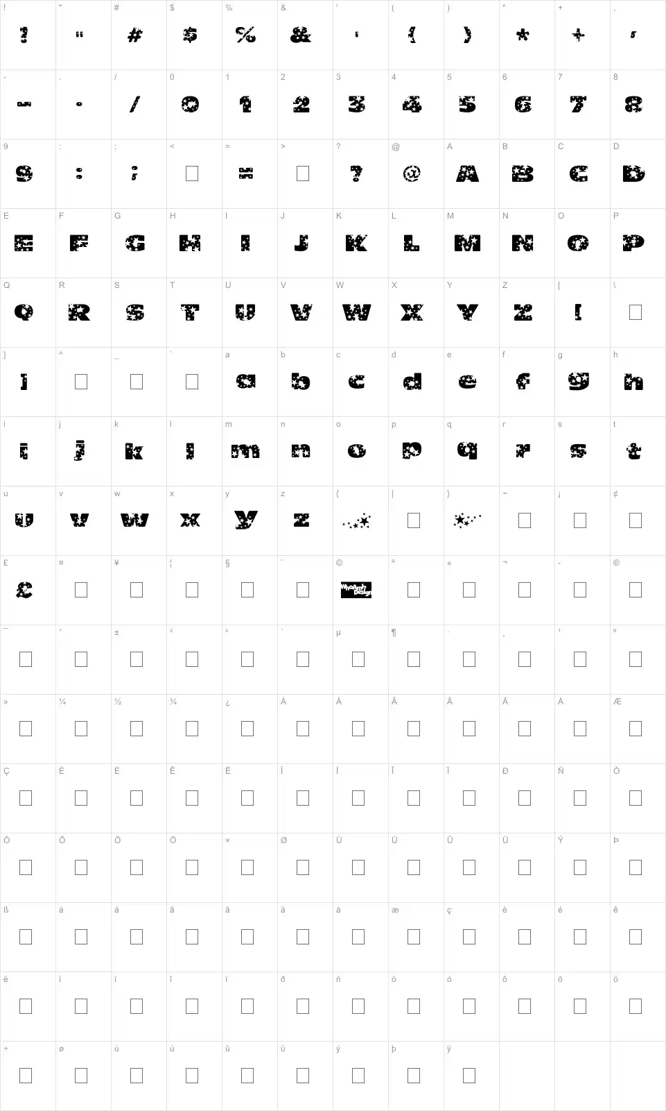 Mapa de caracteres da fonte Oh my god stars !