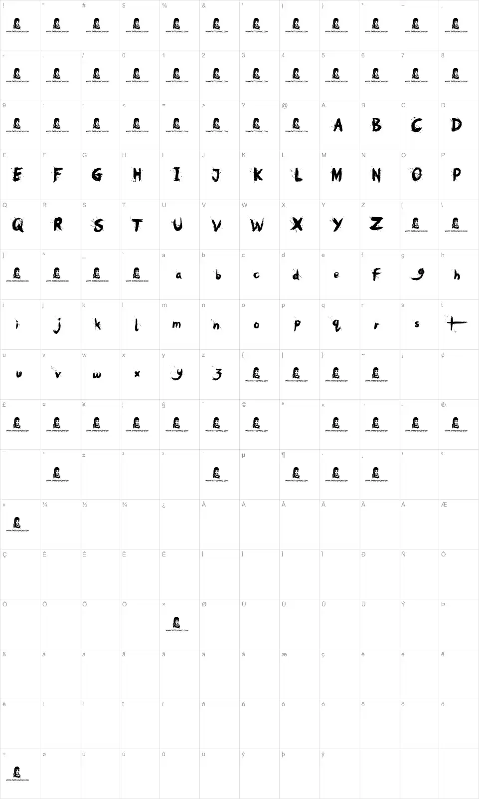 Mapa de caracteres da fonte Oh No