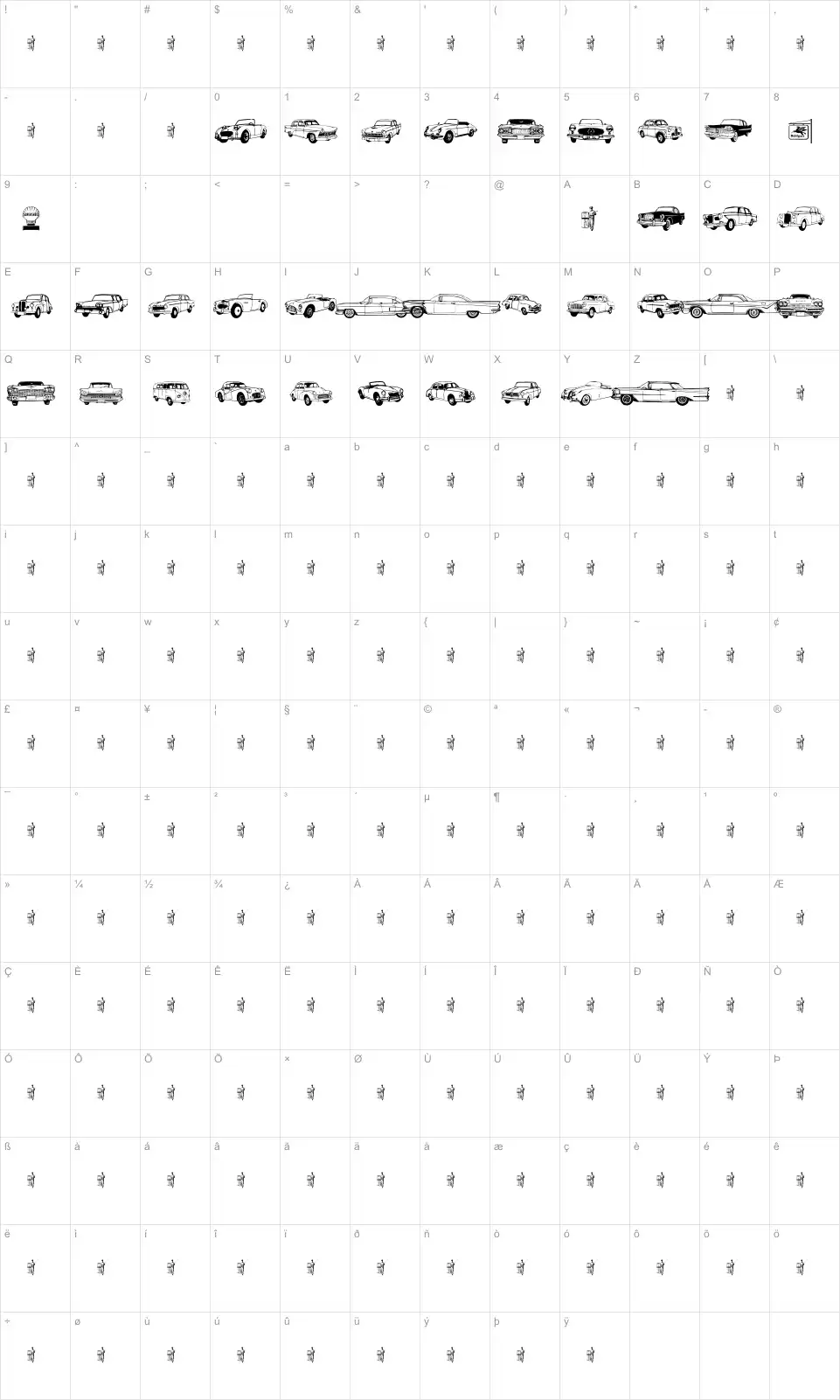 Mapa de caracteres da fonte Old Car