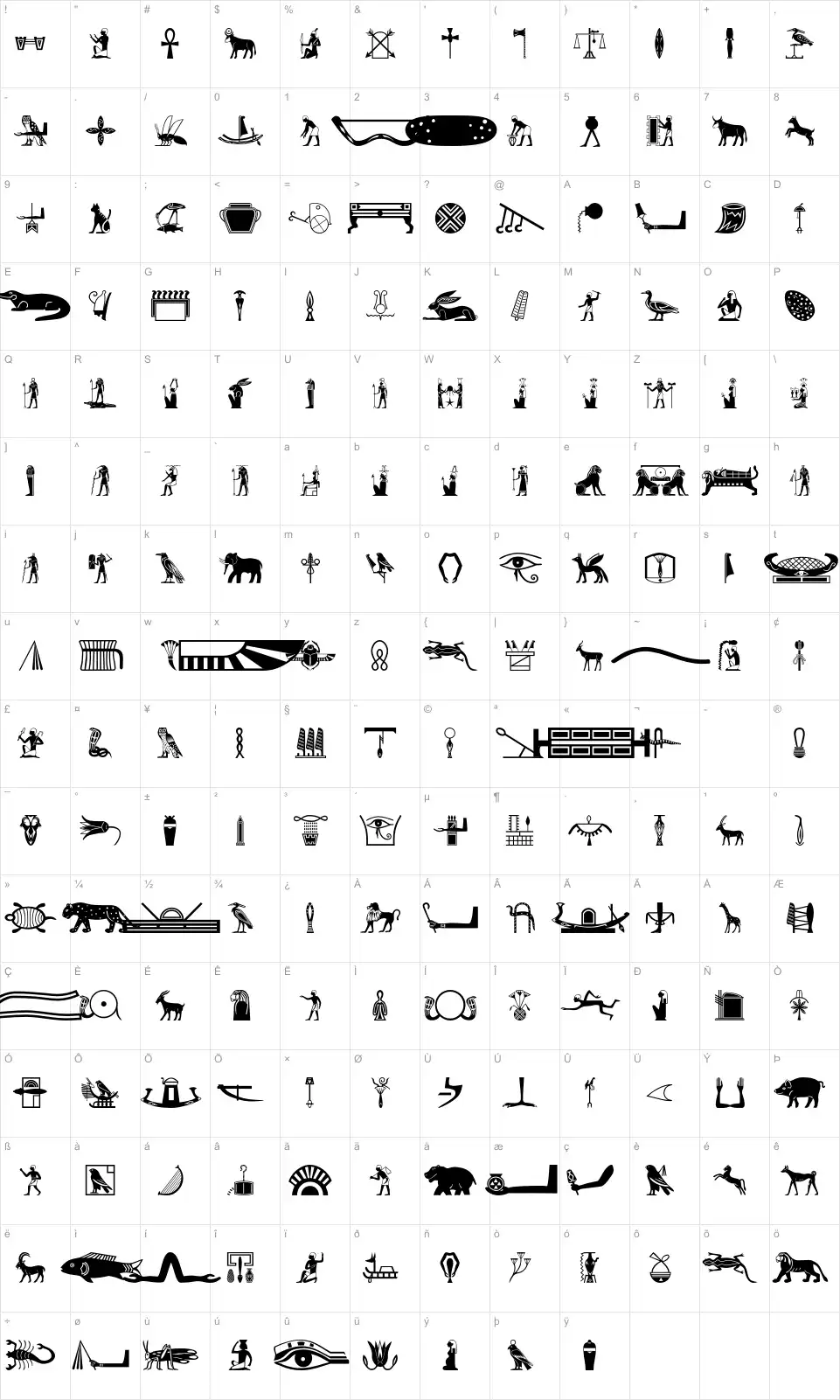 Mapa de caracteres da fonte Old Egypt Glyphs