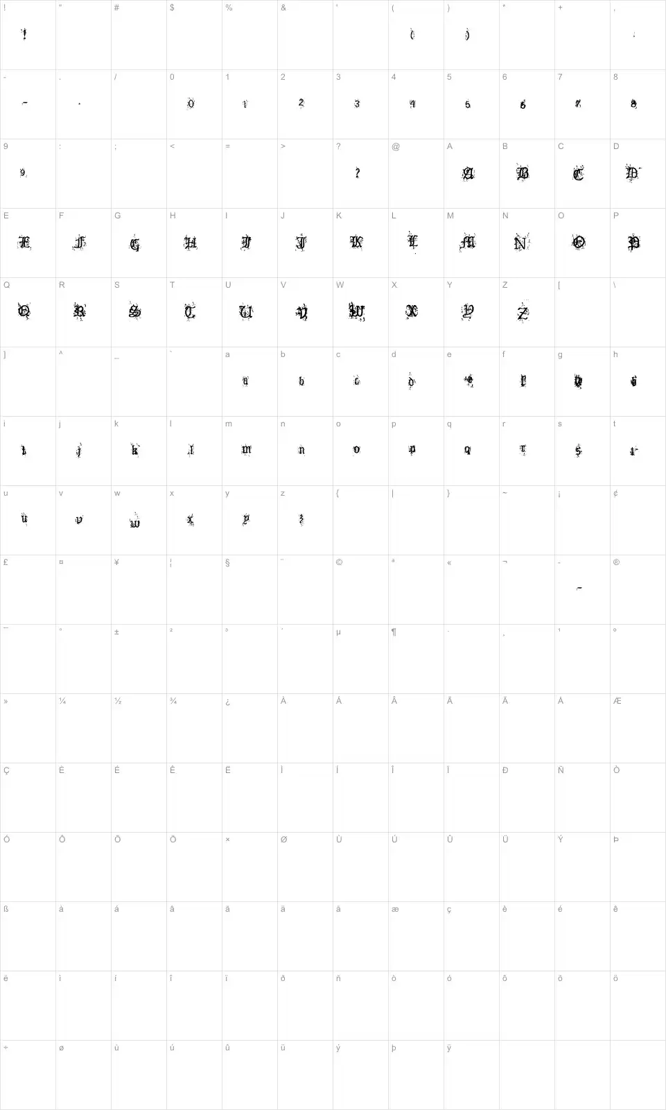 Mapa de caracteres da fonte Old English Hearts