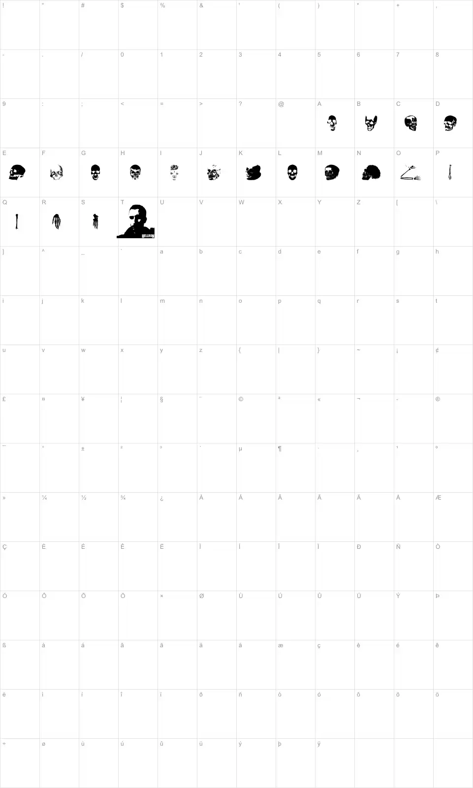 Mapa de caracteres da fonte Old Skull Hellron