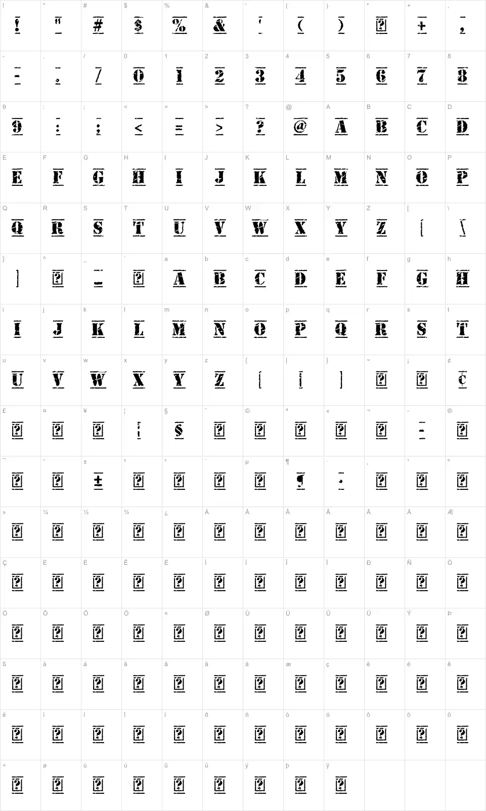 Mapa de caracteres da fonte Old Stamper