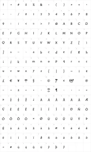 Mapa de caracteres da fonte Old Typefaces