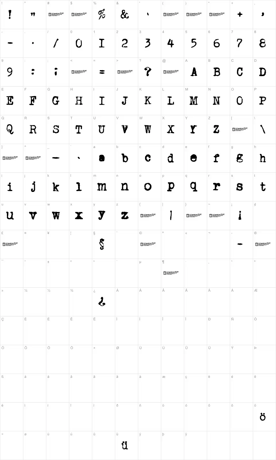 Mapa de caracteres da fonte Old Typewriter