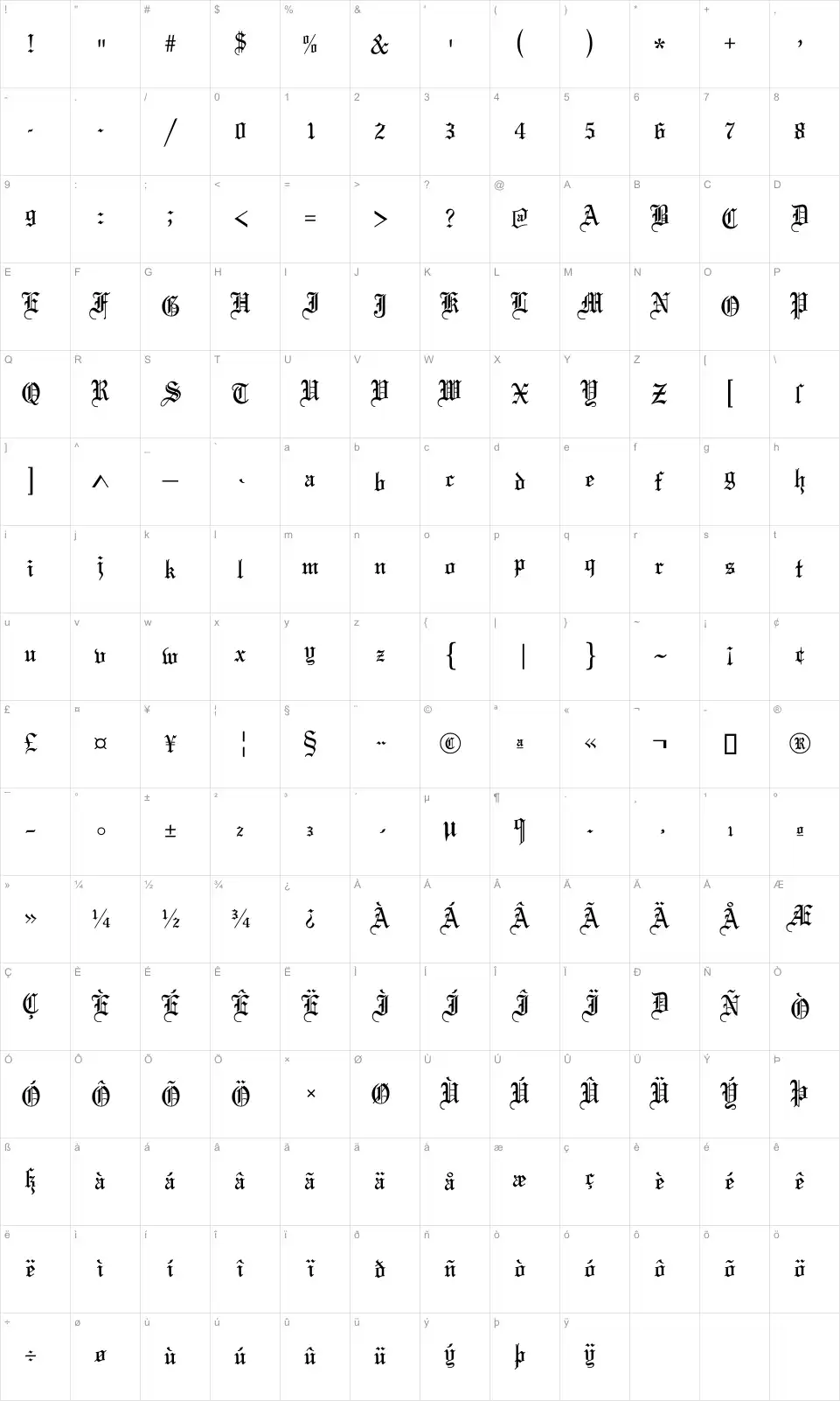 Mapa de caracteres da fonte Olde English