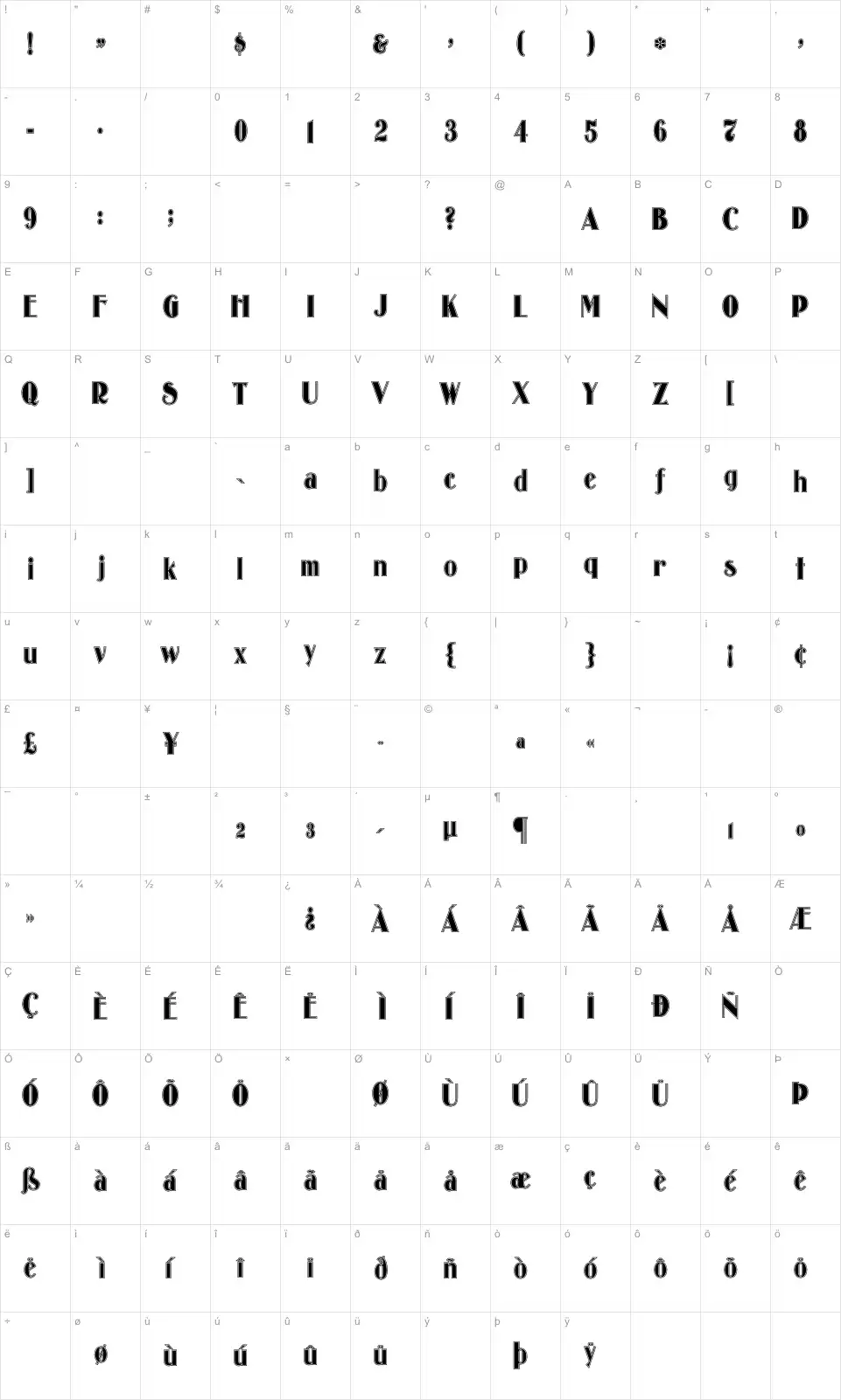Mapa de caracteres da fonte Oldgate Lane Outline