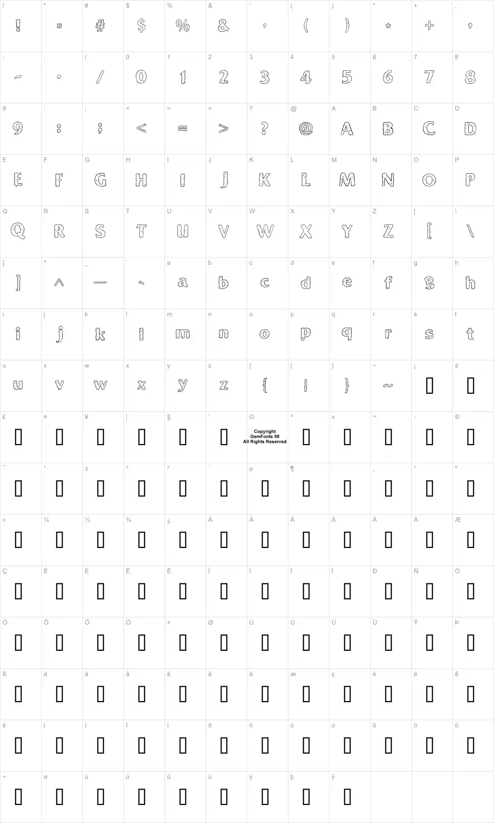 Mapa de caracteres da fonte Ooky