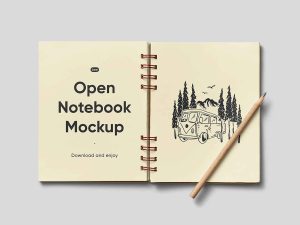 Open Notebook with Pencil Mockup
