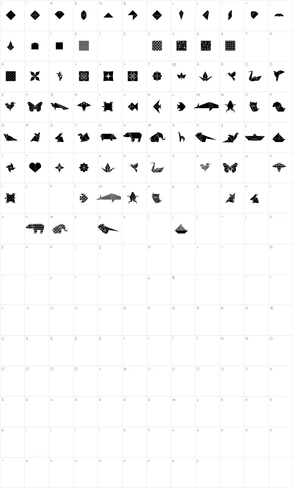 Mapa de caracteres da fonte Origami Bats