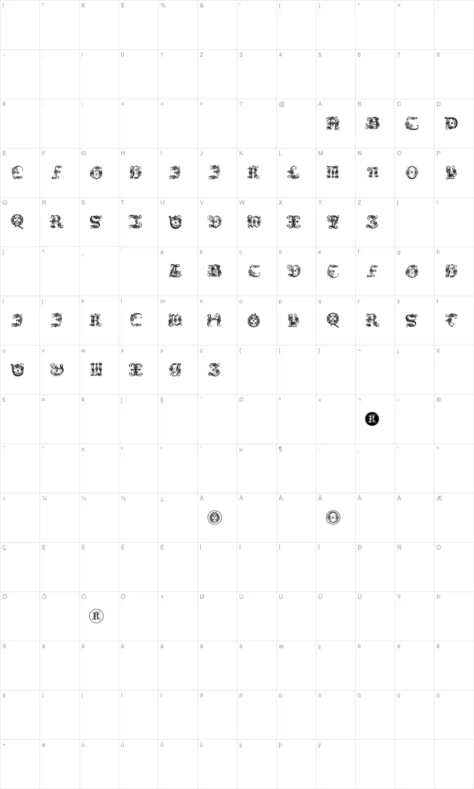 Mapa de caracteres da fonte Ornamental Initial