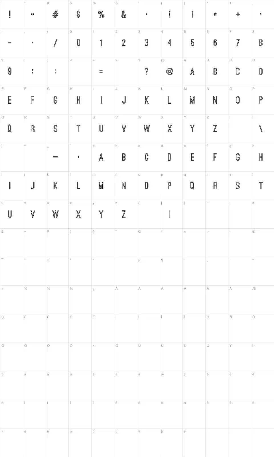 Mapa de caracteres da fonte Ostrich Sans