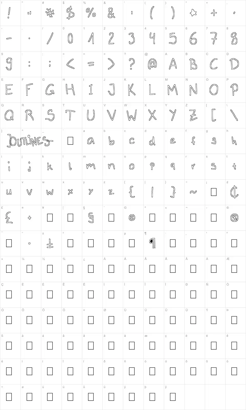 Mapa de caracteres da fonte Outlines