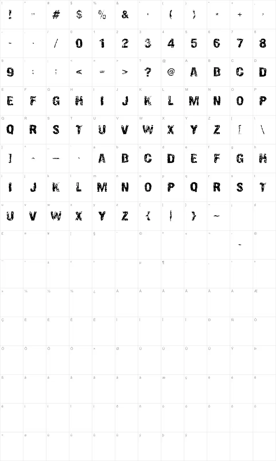 Mapa de caracteres da fonte Overprint DSG