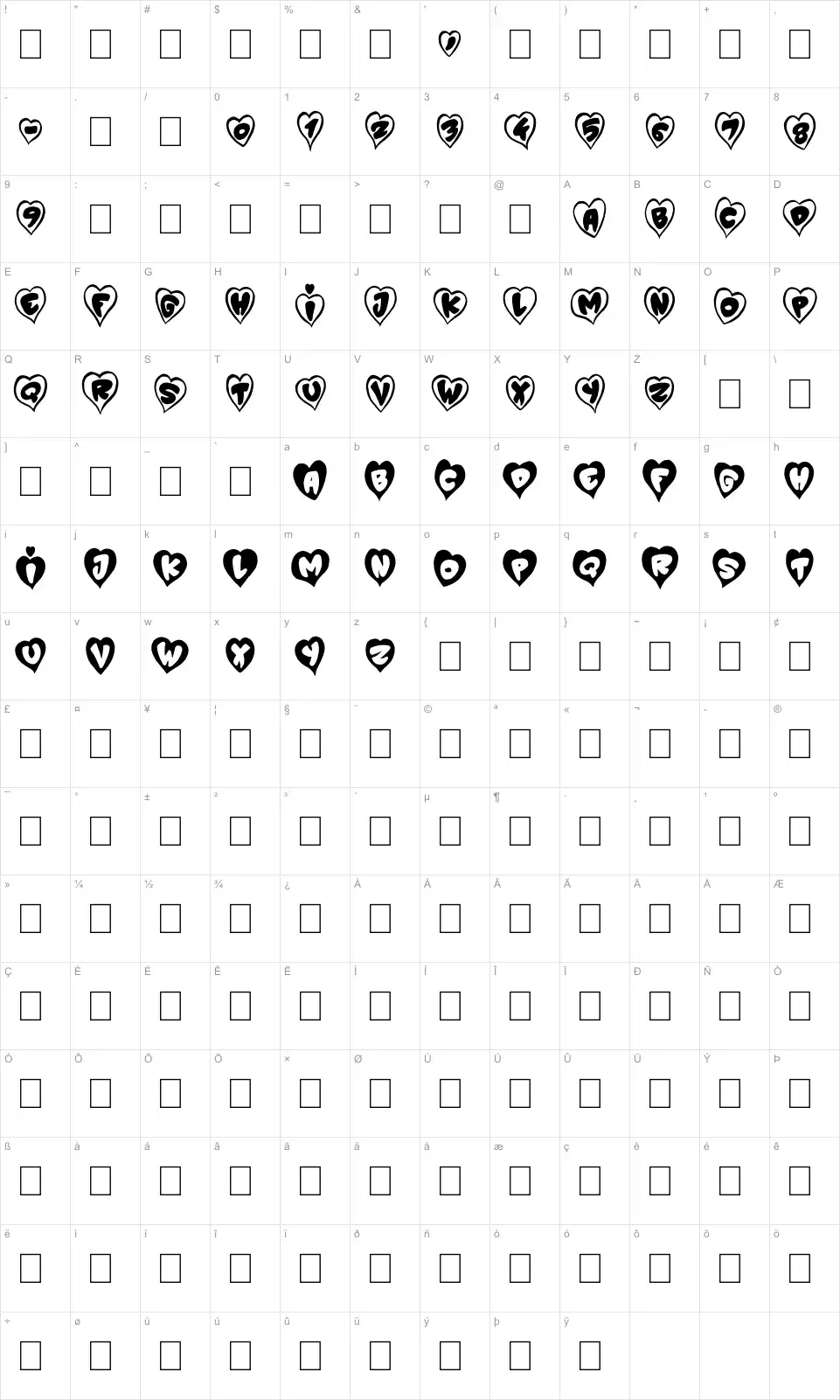 Mapa de caracteres da fonte P'tit Coeur d'Amour