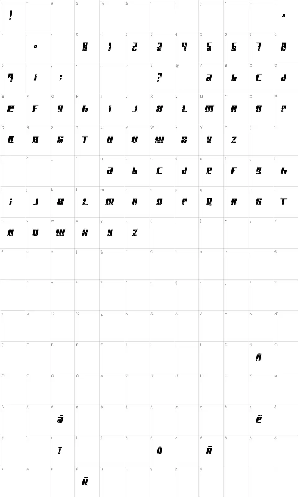 Mapa de caracteres da fonte Paint It Black