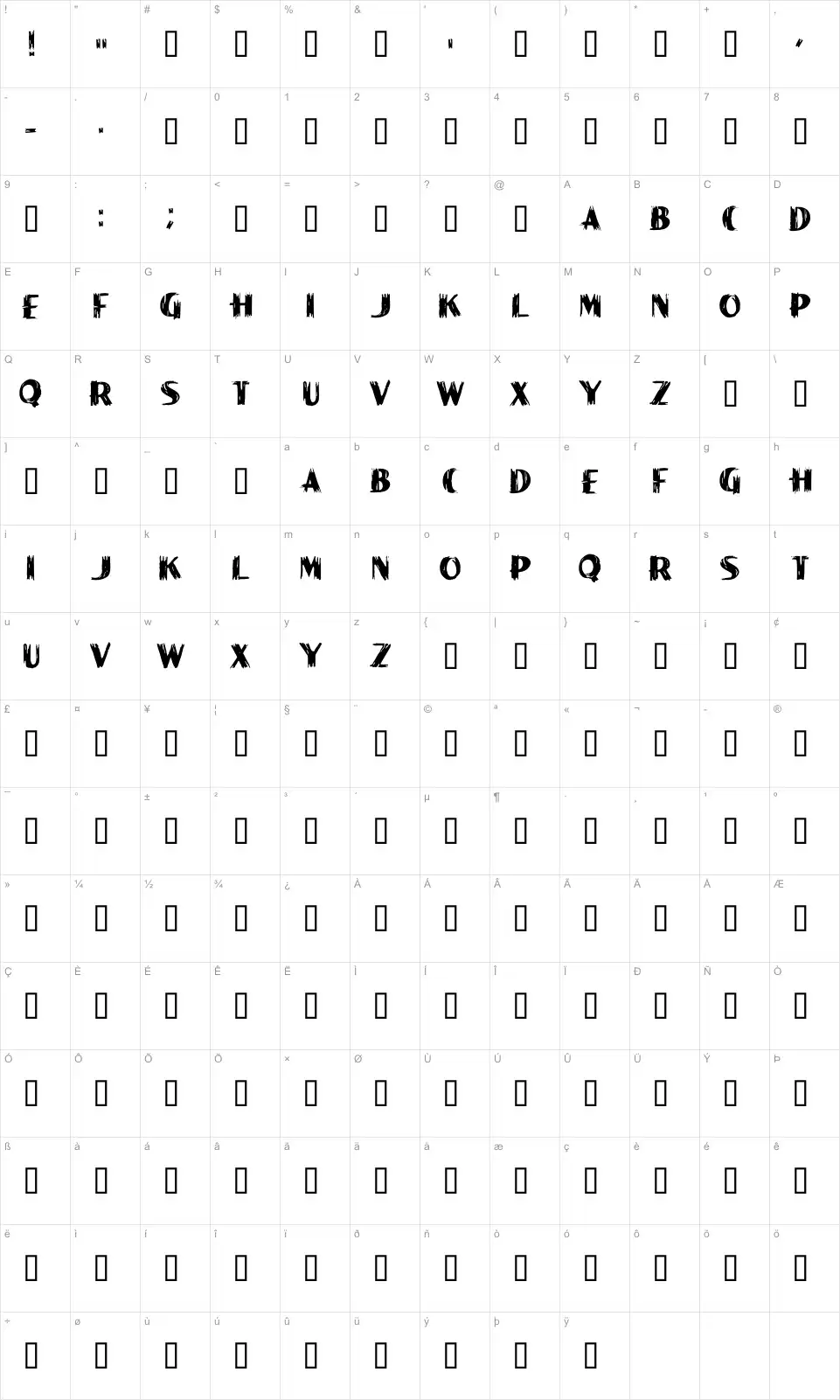 Mapa de caracteres da fonte Paint Peel Initials