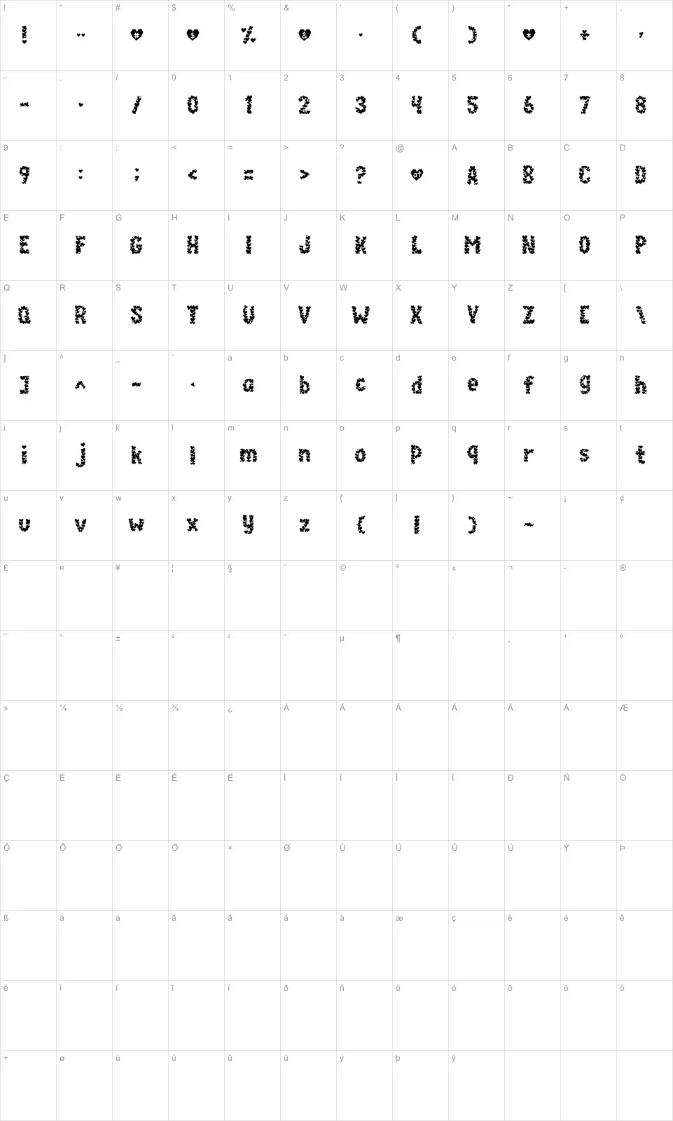 Mapa de caracteres da fonte Paper Hearts