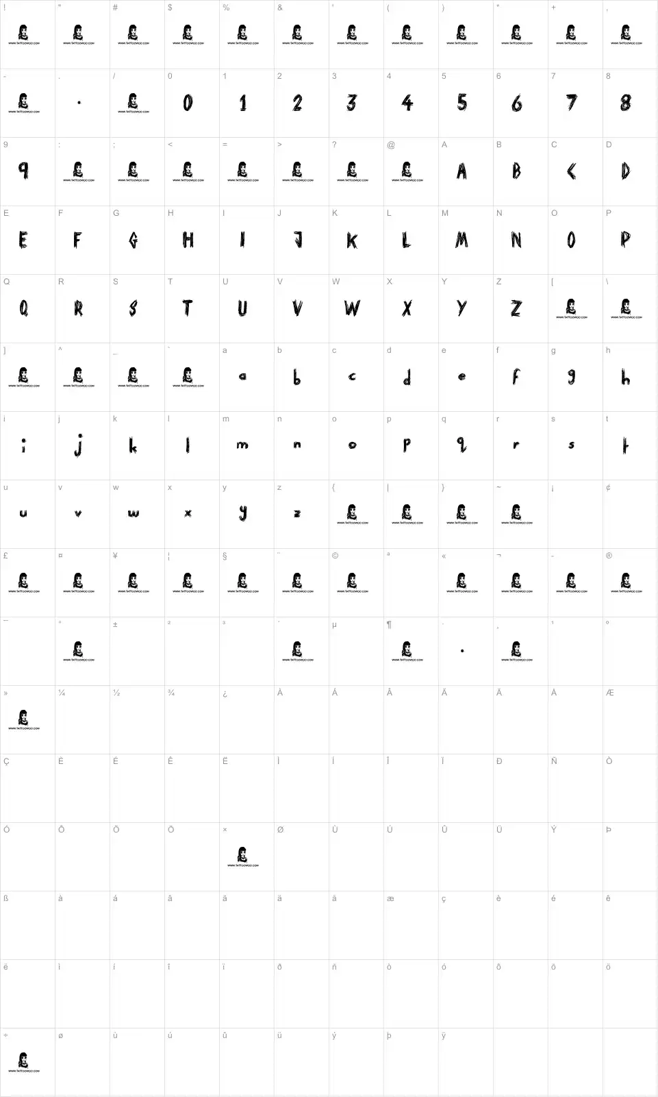 Mapa de caracteres da fonte Paranoid Freak