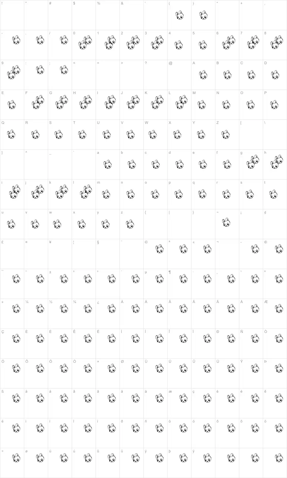 Mapa de caracteres da fonte Paranoid Rabbit
