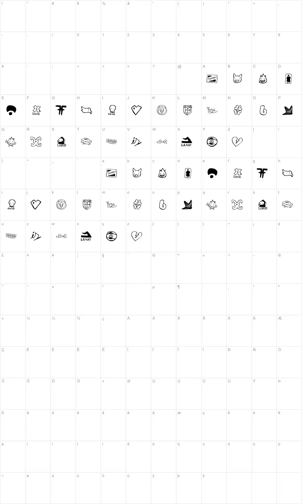 Mapa de caracteres da fonte Parody Logoskate