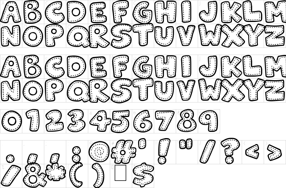 Mapa de caracteres da fonte Patchwork Stitchlings Font | 1001 Free Fonts