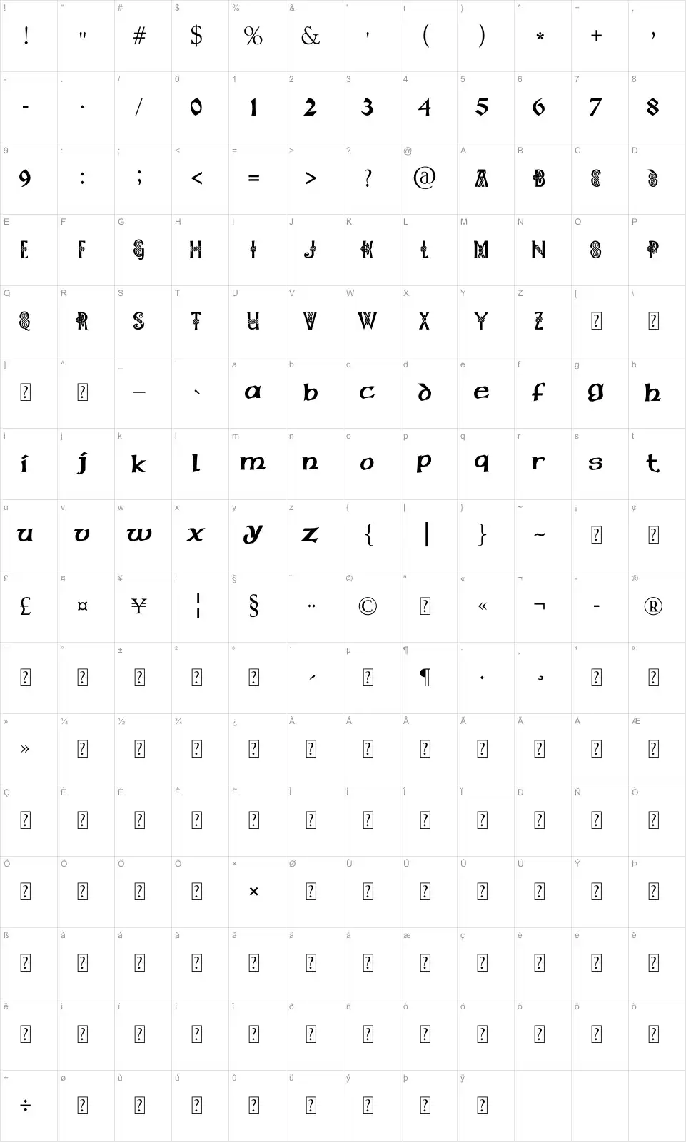 Mapa de caracteres da fonte Pauls Celtic Font 1