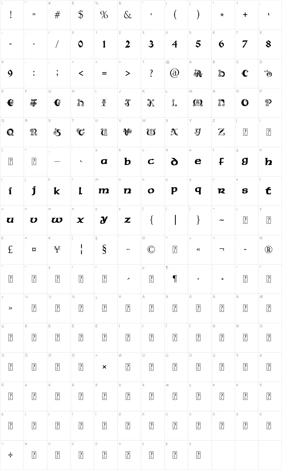 Mapa de caracteres da fonte Pauls Celtic Font 2