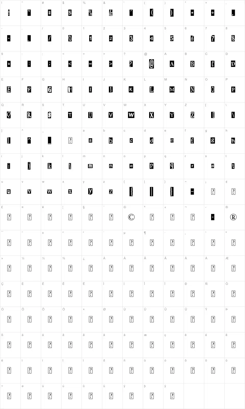 Mapa de caracteres da fonte Pauls Ransom Note