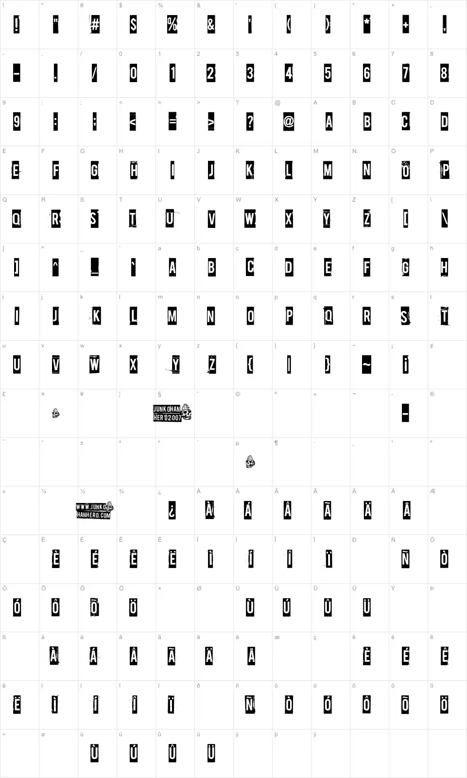 Mapa de caracteres da fonte Payday