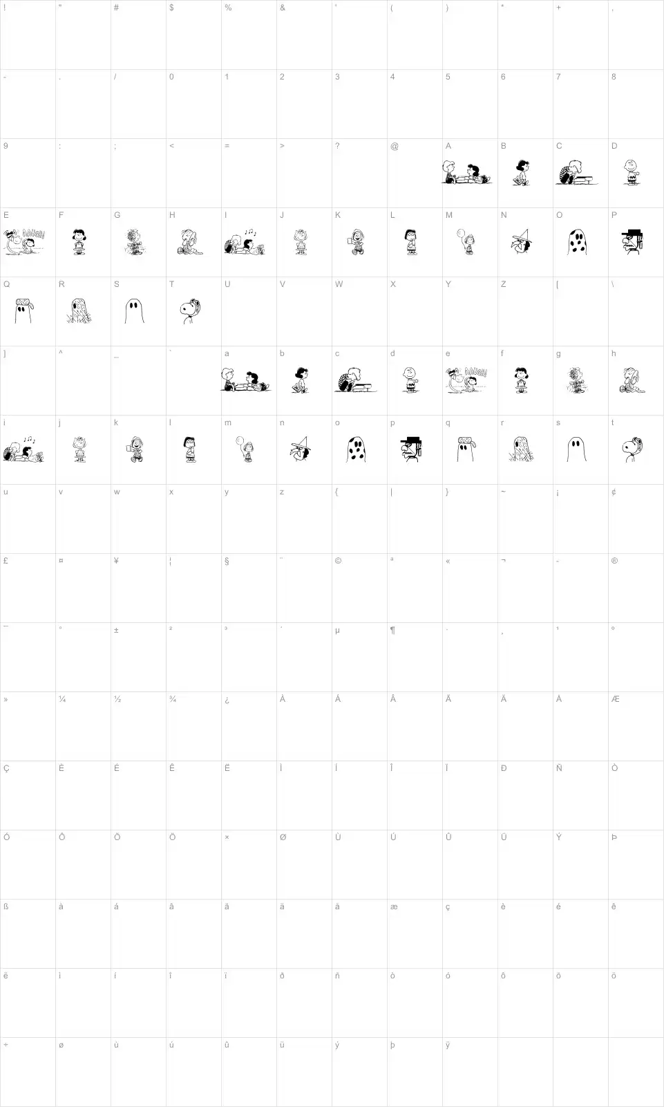 Mapa de caracteres da fonte Peanuts Gang Dings