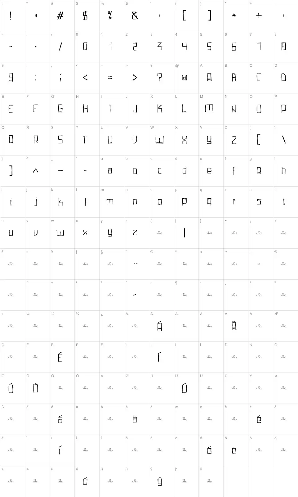 Mapa de caracteres da fonte Pencil Grid