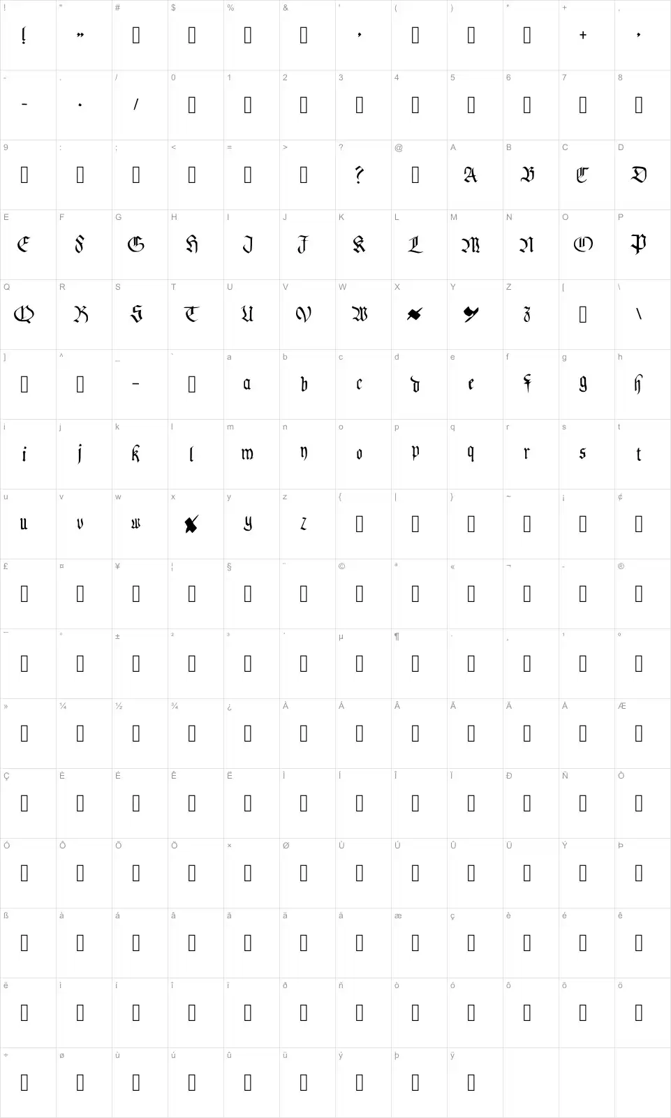 Mapa de caracteres da fonte PentaGram's Callygraphy