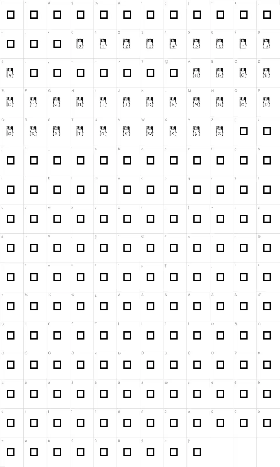 Mapa de caracteres da fonte PF Snowman