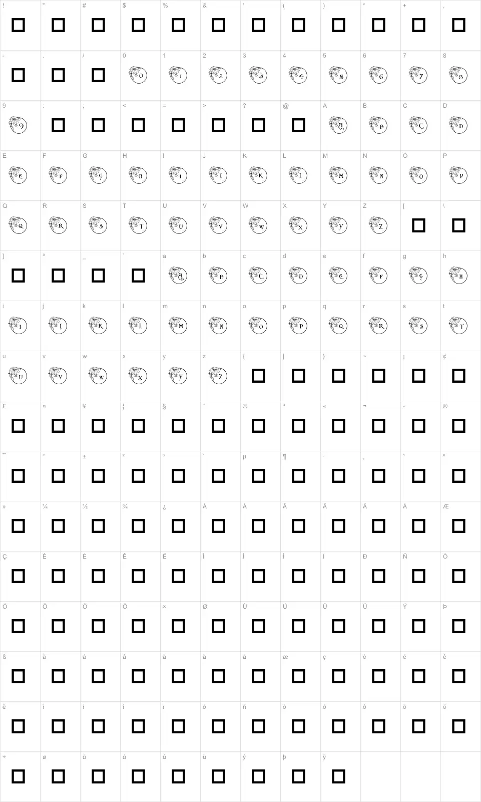 Mapa de caracteres da fonte PF Xmas Flower 1