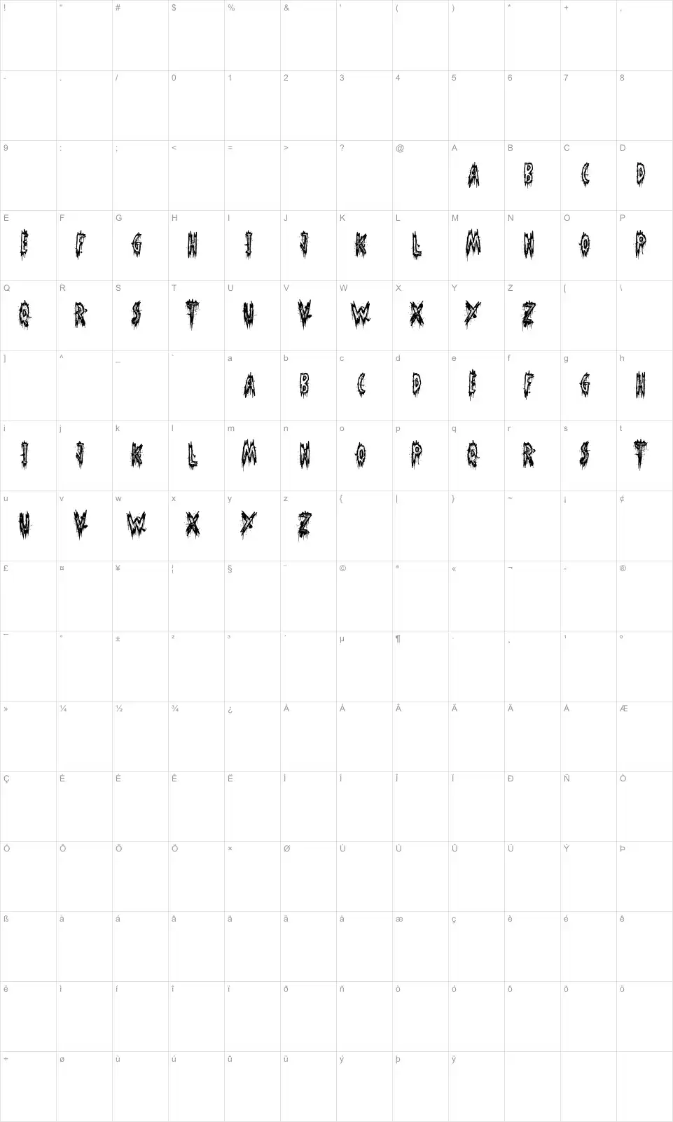 Mapa de caracteres da fonte Phantom Ghost