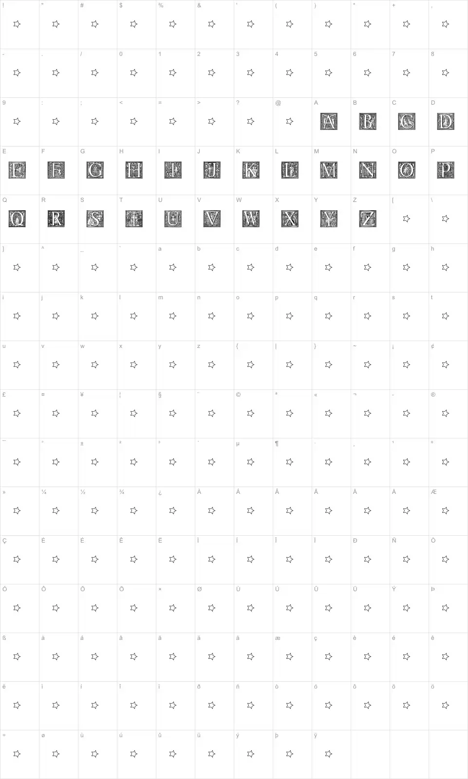 Mapa de caracteres da fonte Picto Glyphs