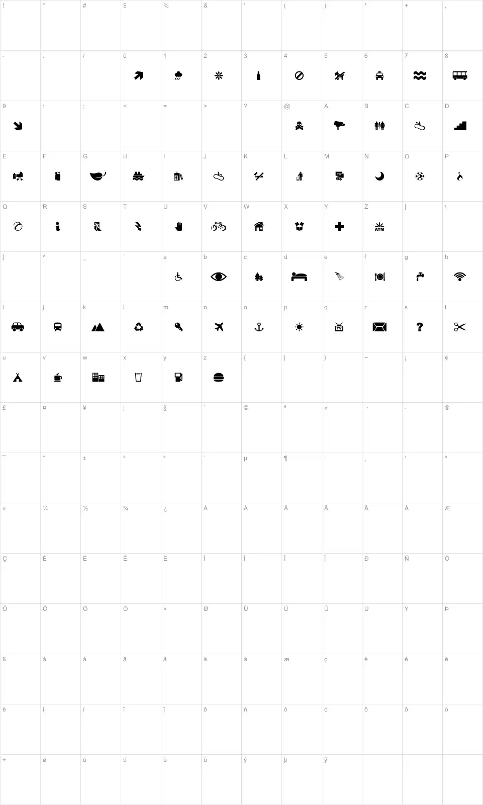 Mapa de caracteres da fonte Pictogramz