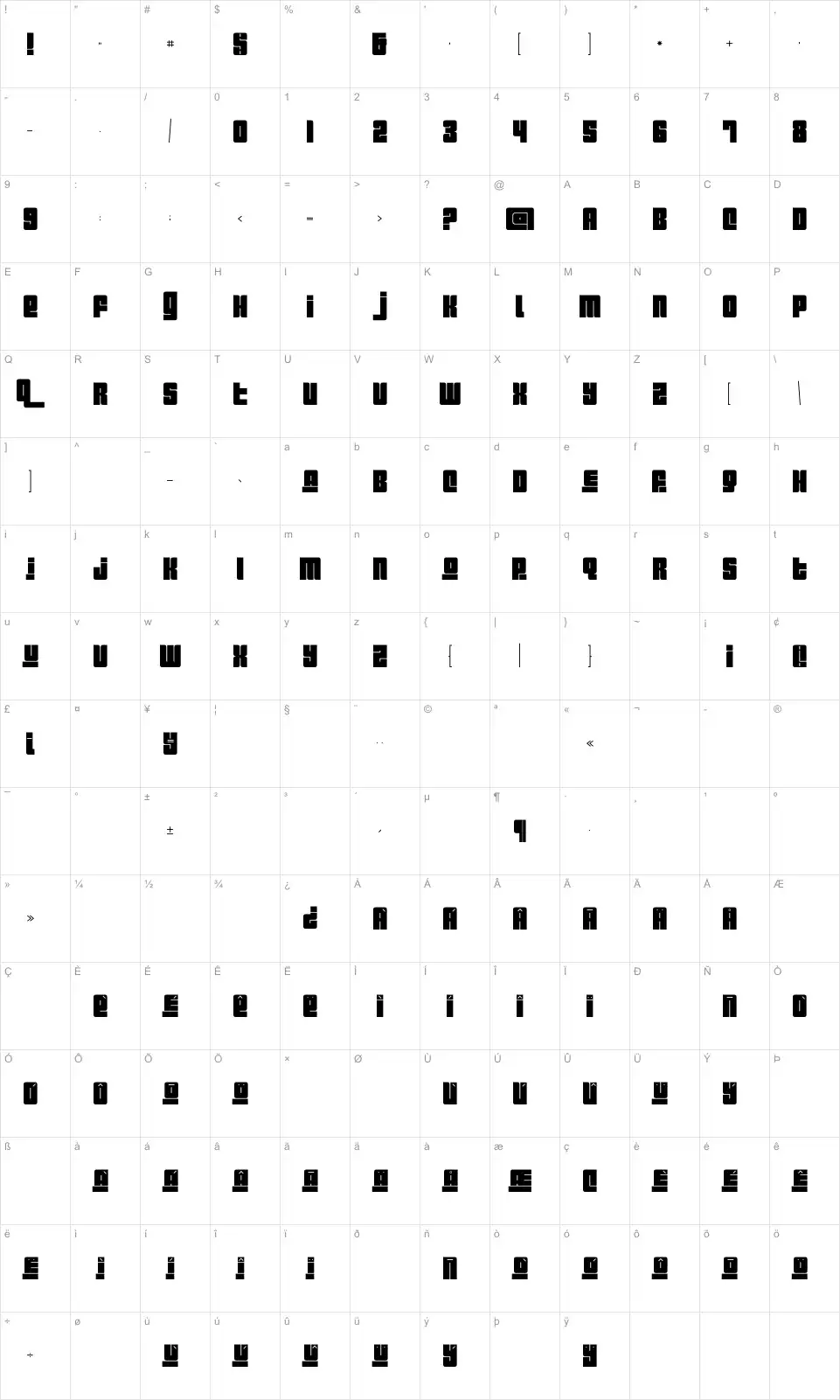 Mapa de caracteres da fonte Pincoya Black