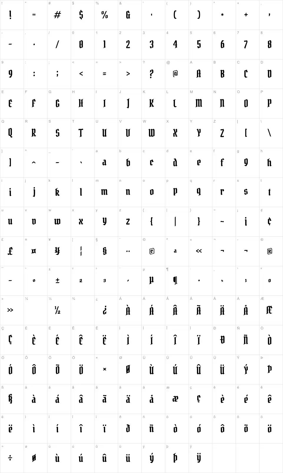 Mapa de caracteres da fonte Pirata One