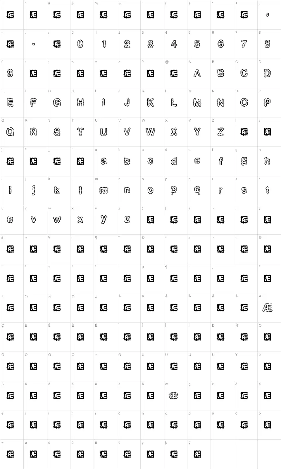 Mapa de caracteres da fonte Pixel Krud