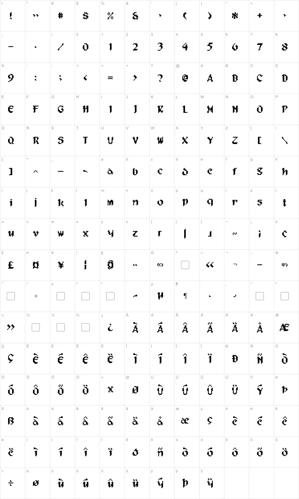 Mapa de caracteres da fonte Pixel Musketeer