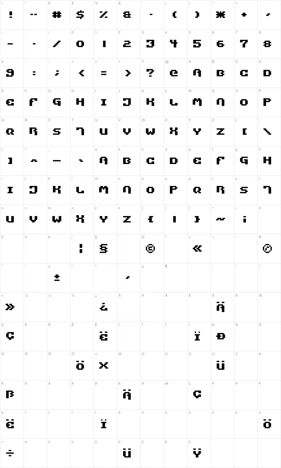 Mapa de caracteres da fonte Pixel Technology
