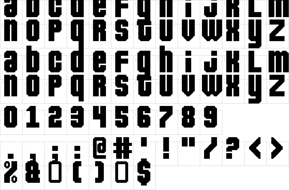 Mapa de caracteres da fonte Pixeldown Font | 1001 Free Fonts