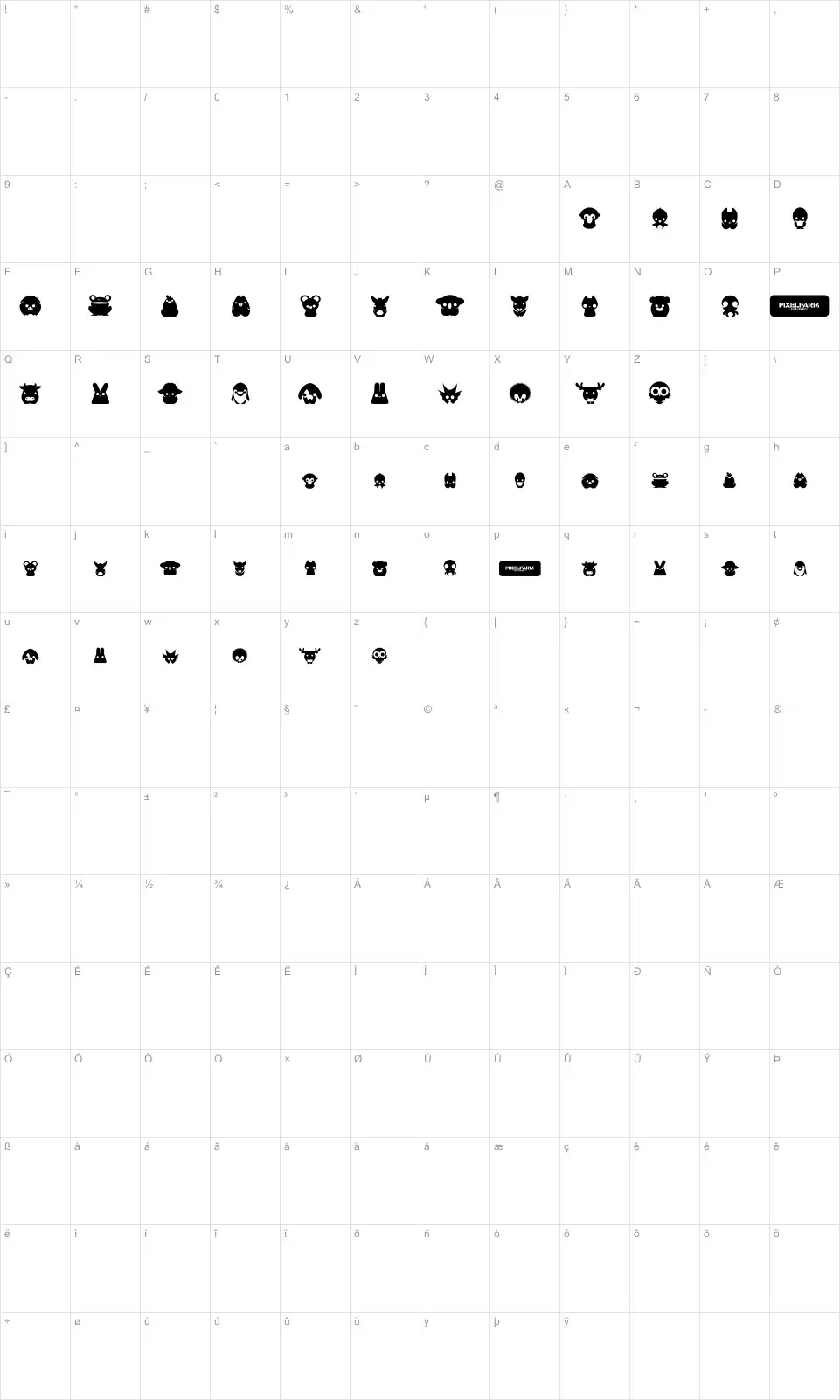 Mapa de caracteres da fonte Pixelfarms Pets
