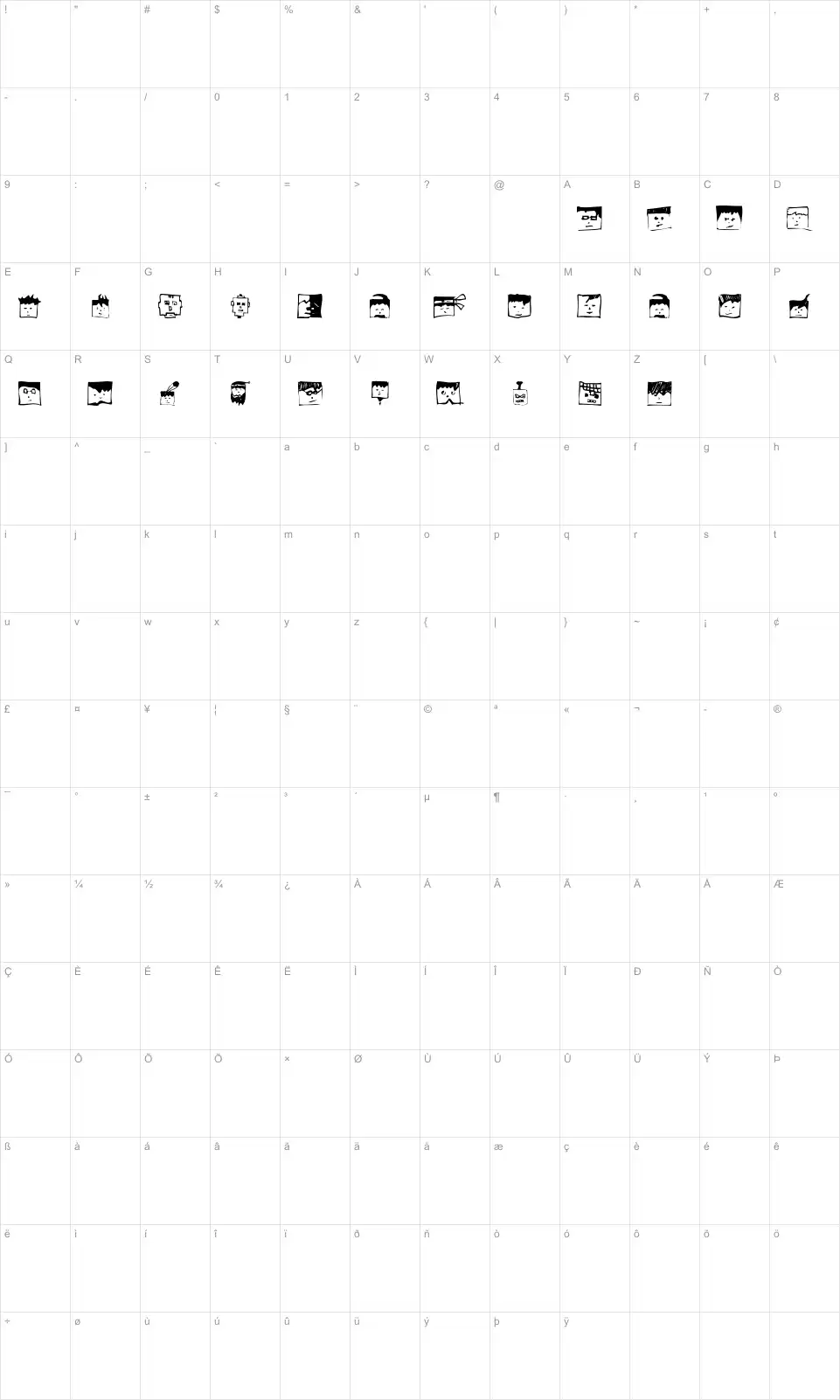 Mapa de caracteres da fonte Pixelhead Handemadebeta
