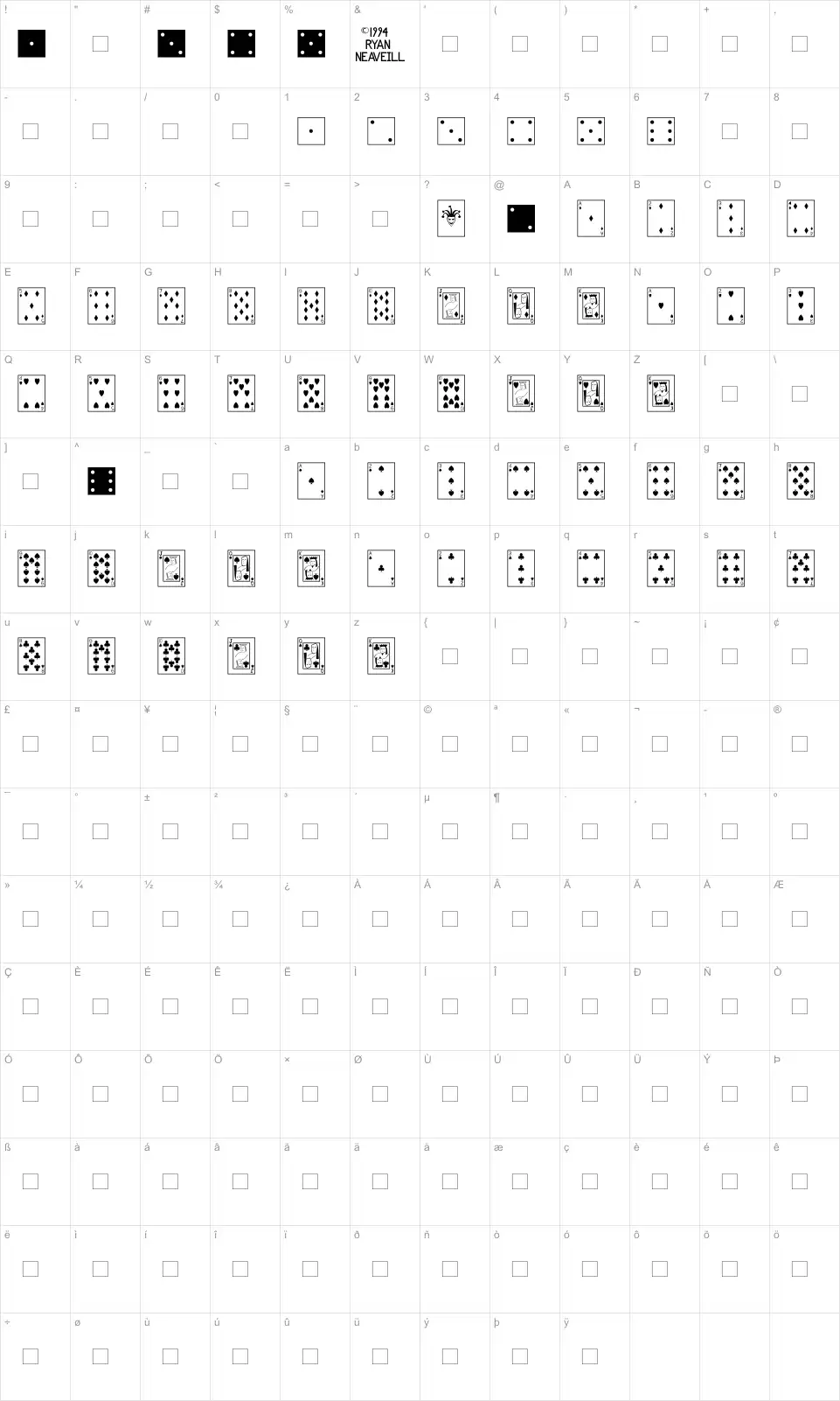 Mapa de caracteres da fonte Playing Cards