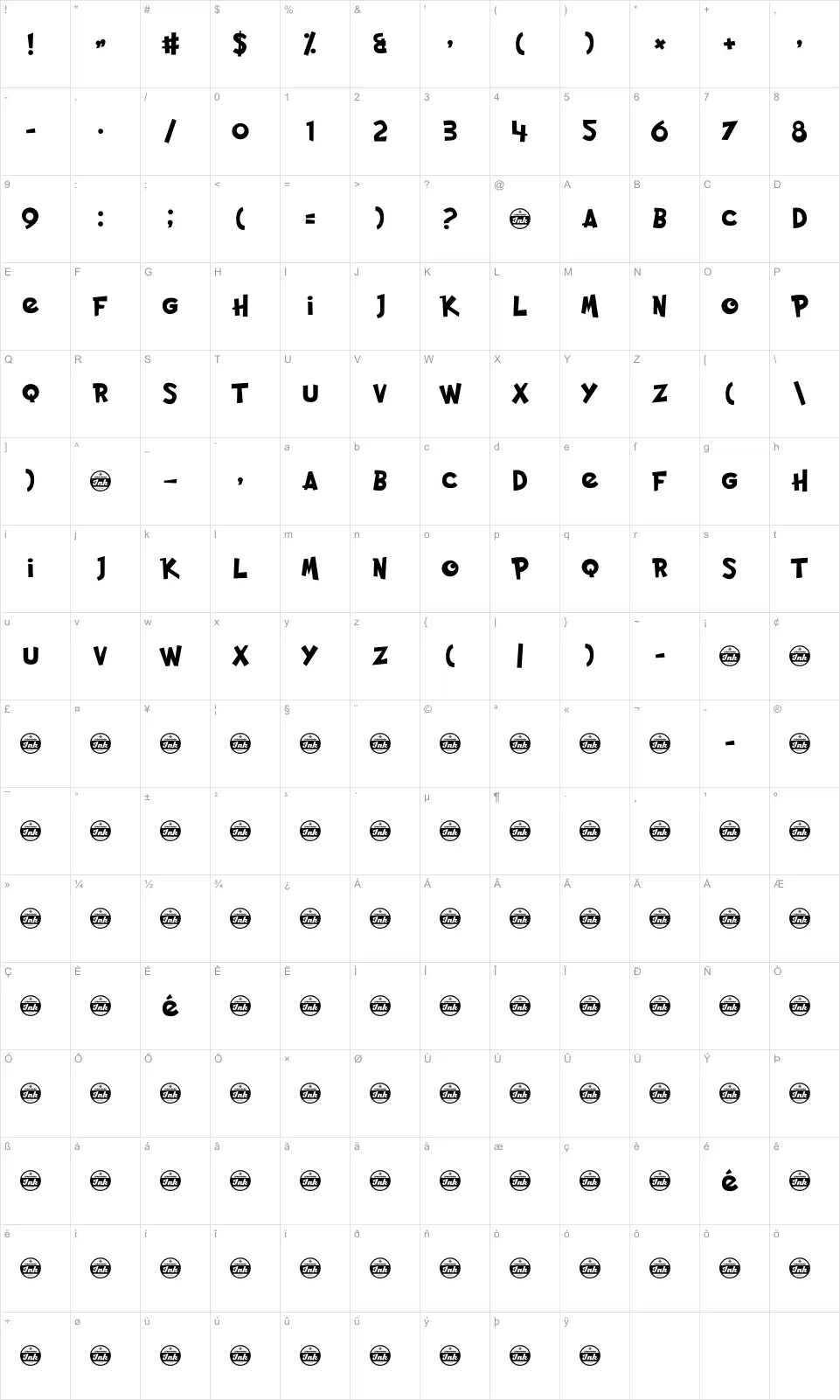 Mapa de caracteres da fonte Pocket Monk