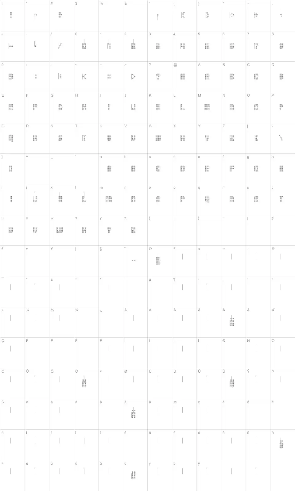 Mapa de caracteres da fonte Pointer Sisters