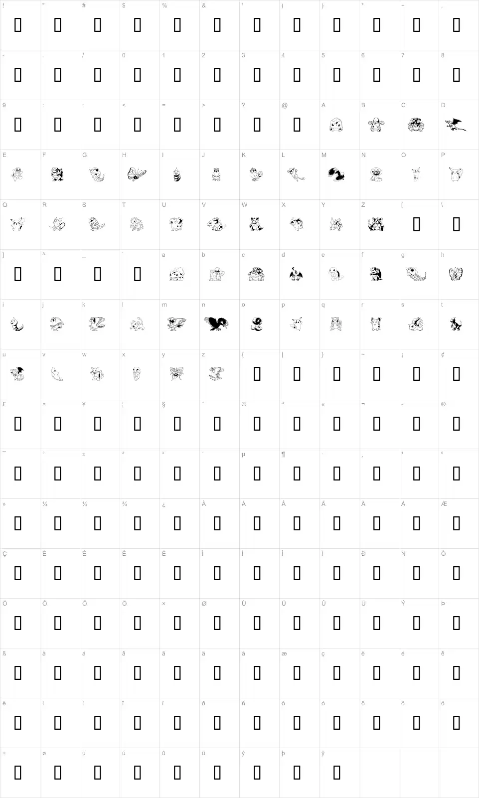 Mapa de caracteres da fonte Pokemon Kiddy Ding